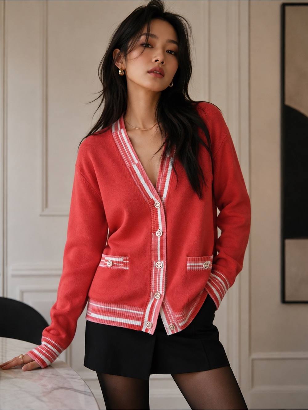 CHANEL 19P Cashmere Cardigan Coral Red Pink Size 38